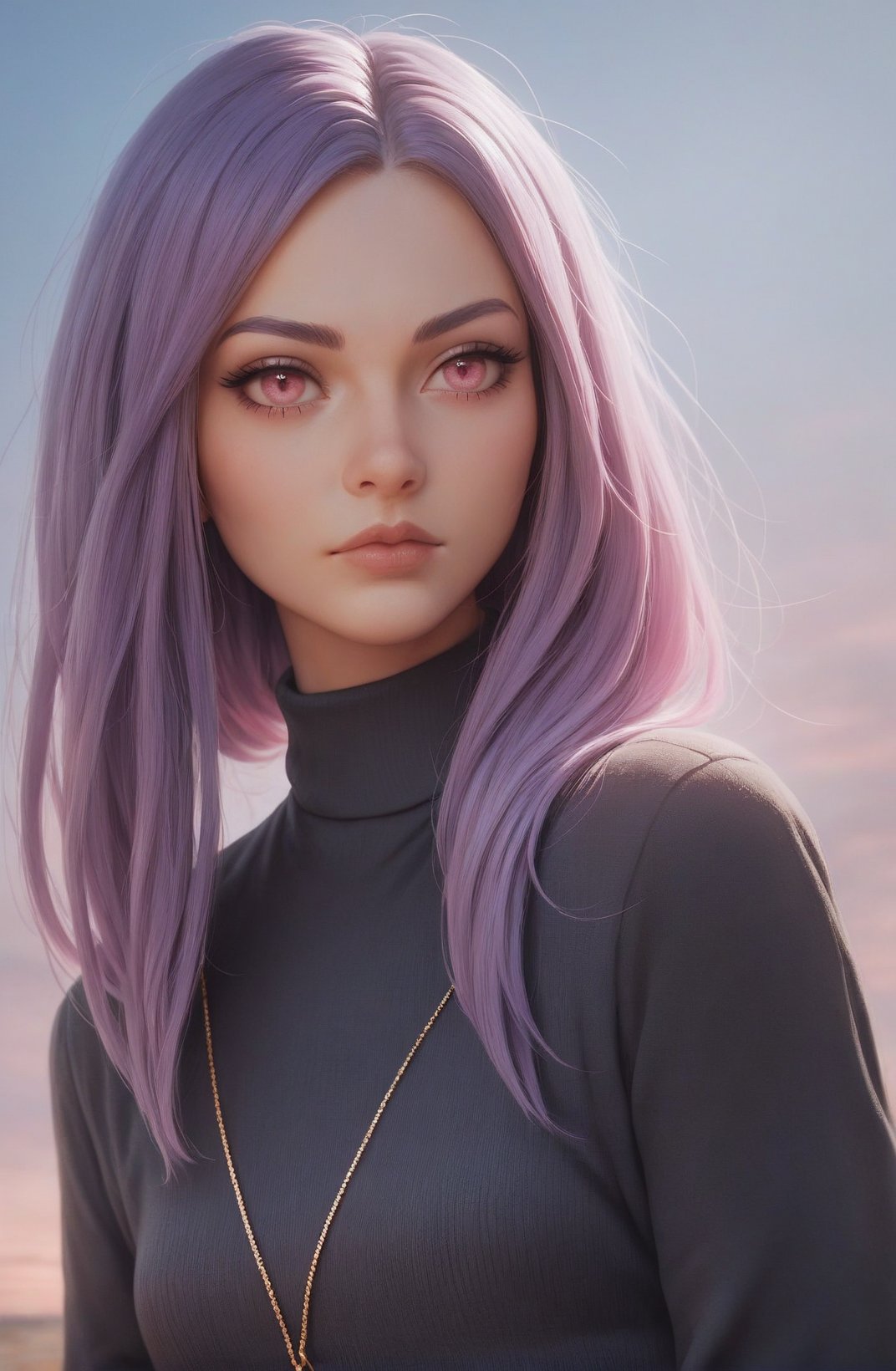 score_9, score_8_up, score_7_up, rating_safe, BREAK, beautiful and aesthetic:1.2, 1girl, beautiful, high detailed, purple hair with a hint of pink, pink eyes, dark lighting, serious face, looking the sky, sky, medium shot, black sweater, jewelry, realistic    <lora:style_O8RK_pony_sdxl:0.7>