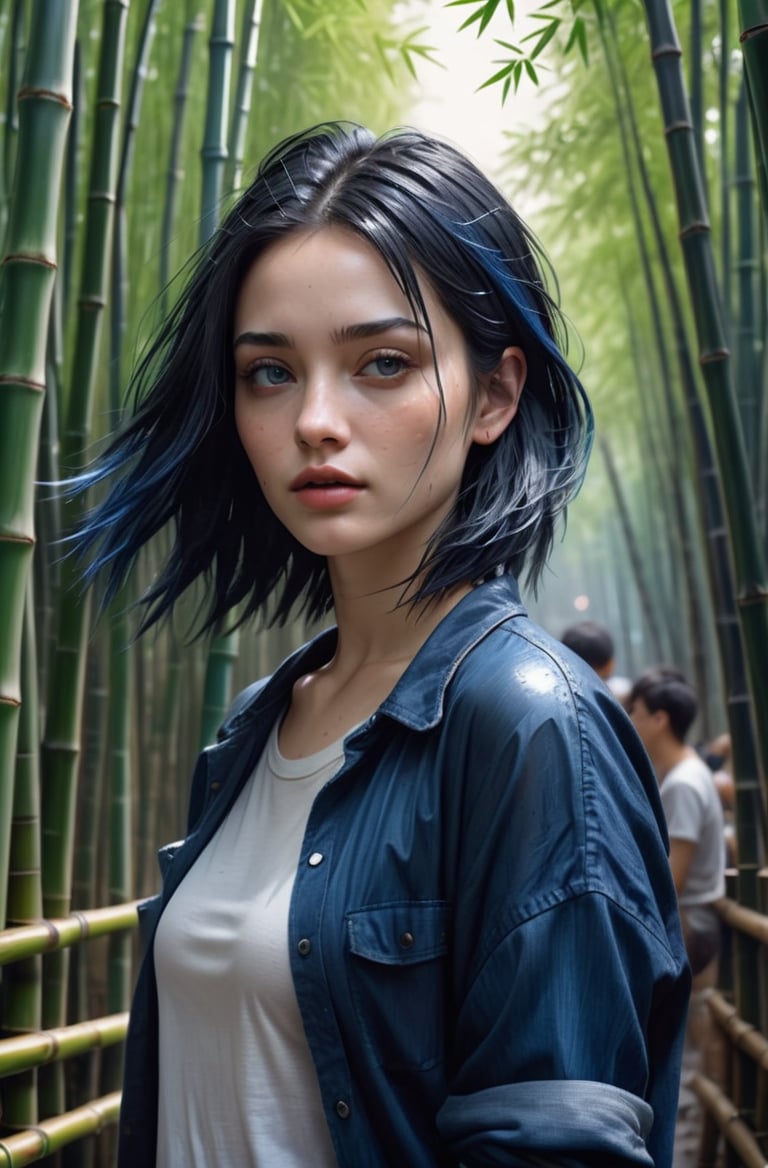masterpiece of photorealism, photorealistic highly detailed 8k photography, best hyperrealistic quality, volumetric lighting and shadows, wet-look hairstyle dark blue hair young woman in casual clothes, Bamboo Forests full of busy people, Epic Hyperlapse of a Cityscape