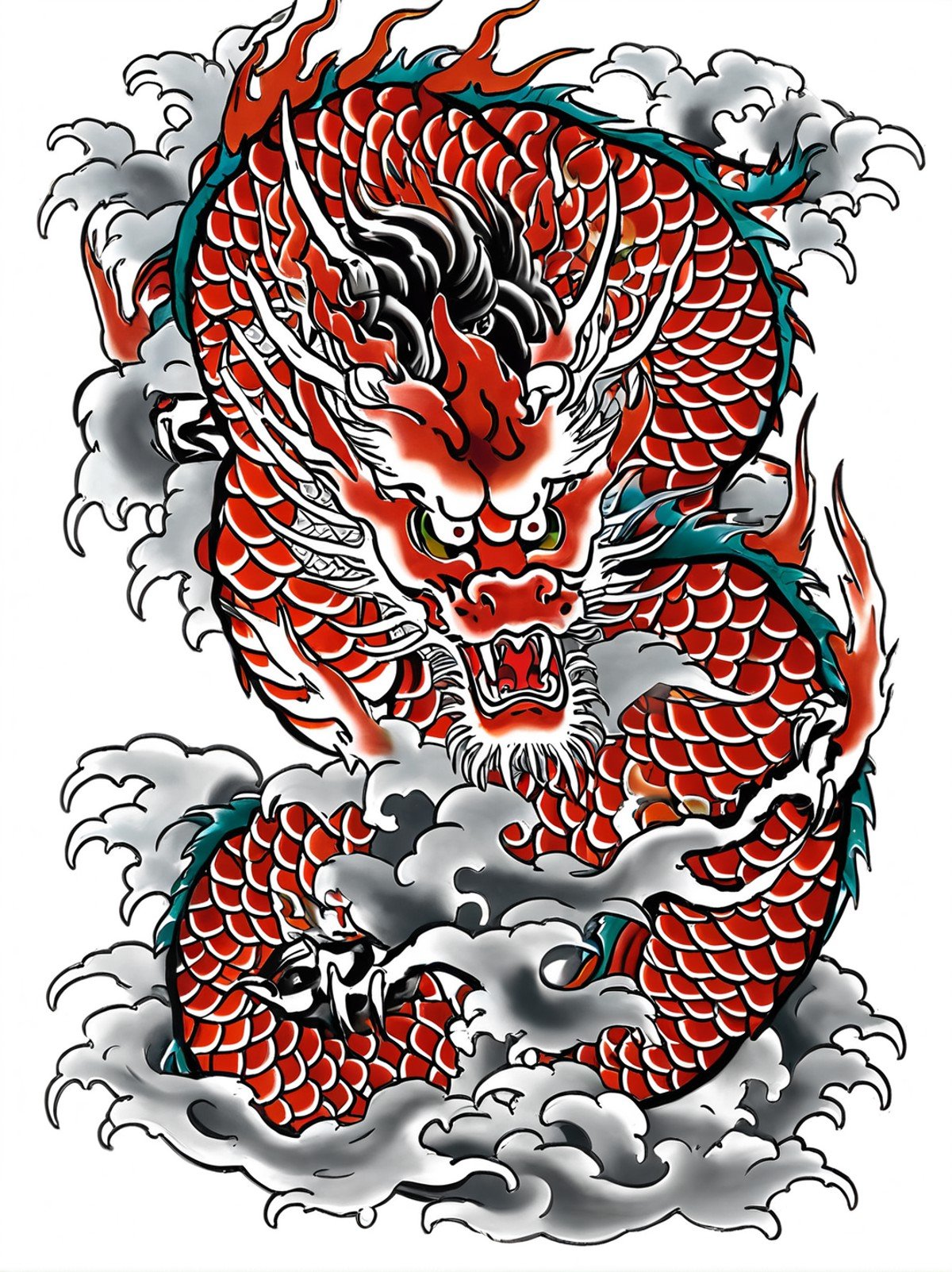 best quality, masterpiece,TBD,tattoo, a chinese dragon with fire, white background,cloud,wave,  <lora:TBD-000008:0.8>
