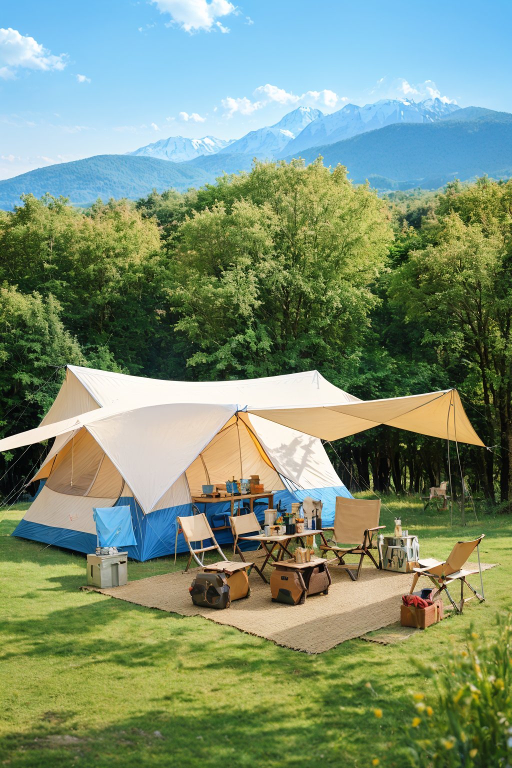 sky, landscape, tree, outdoors, grass, mountains, nature, blurred background, blue sky and white clouds, forest, horizon, lake, tent, RAW photo, high resolution, ultra fine section, high detail RAW color photo, professional photo, masterpiece, best quality, RV, stool, woman, RV