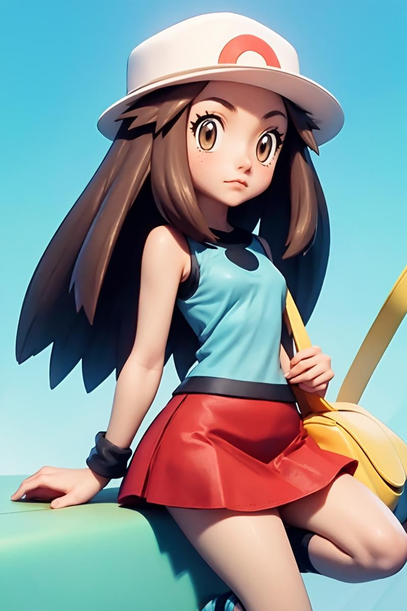 masterpiece, best quality, <lora:LeafGen1-10:1> leafgen1, leaf (pokemon), 1girl, long hair, bare arms, blue shirt, blue socks, brown eyes, brown hair ,hat, messenger bag, sleeveless shirt, loose socks, red skirt, shirt, skirt, sleeveless, white headwear, wristband, yellow bag,