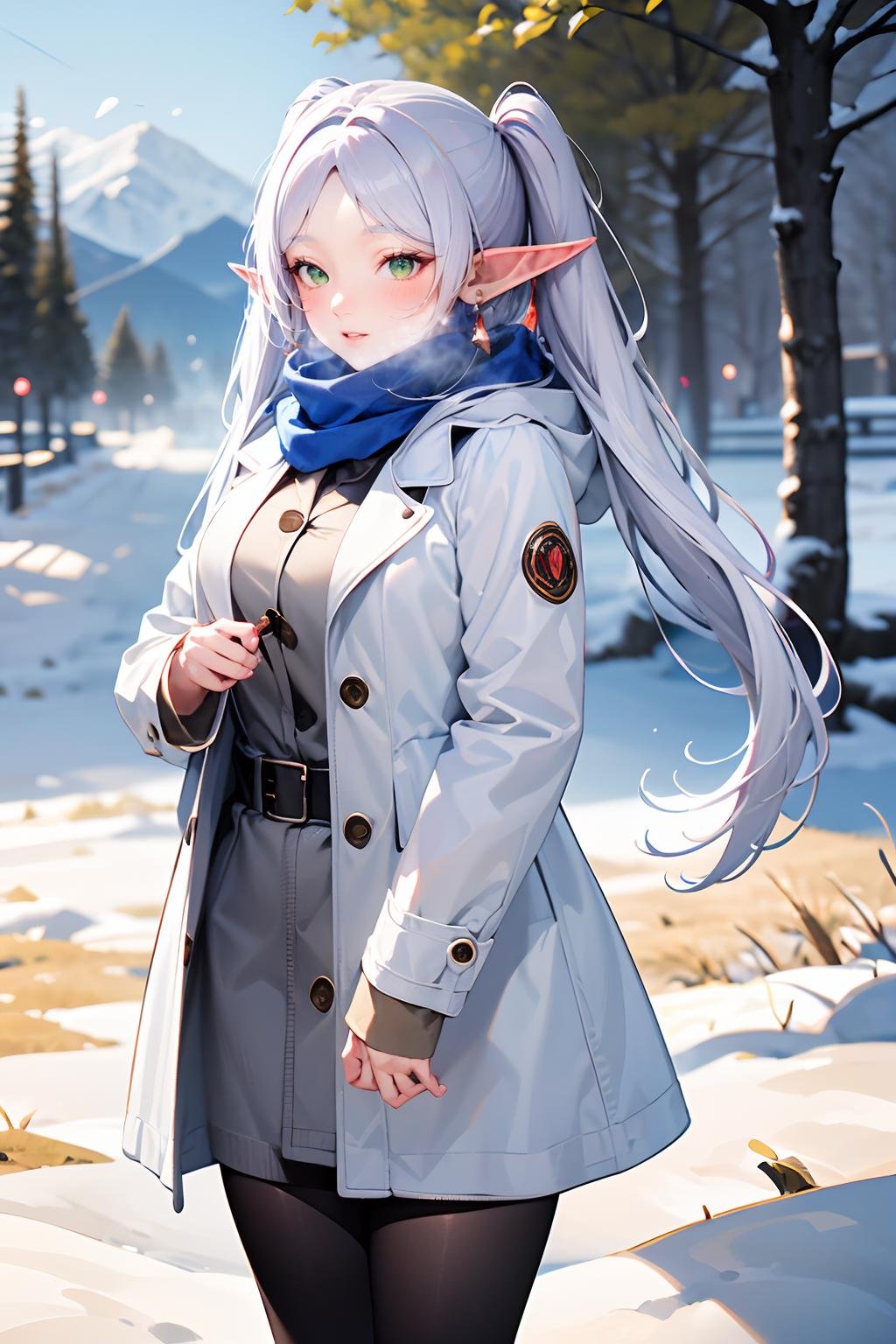 <lora:jingling_009:0.8>,wallpaper,huge filesize,super high resolution,best quality,Photos,4k,ingling,1girl,solo,pointy ears,outdoors,coat,long hair,pantyhose,scarf,green eyes,breath,white coat,tree,black pantyhose,twintails,blue scarf,earrings,snow,jewelry,standing,long sleeves,elf,mountain,winter clothes,bangs,day,parted bangs,winter coat,buttons,sky,mountainous horizon,