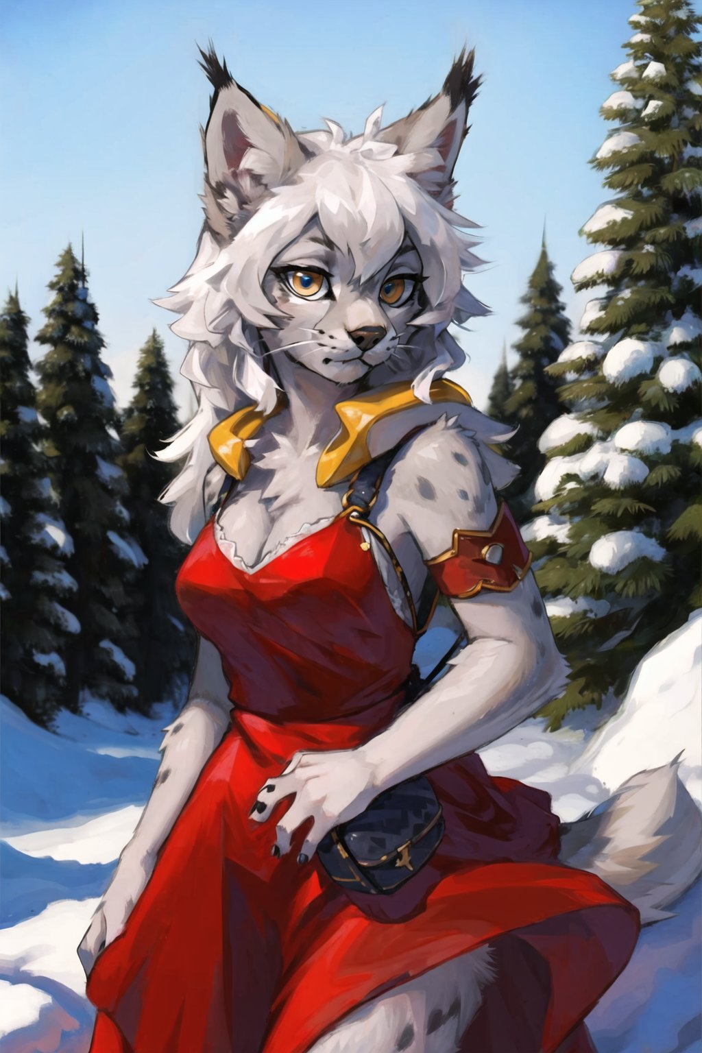 masterpiece, best quality,canadalynx, lynx, shanmao, sheli,looking at viewer, furry girl,white hair,long hair,red dress,snow,outdoors<lora:Lynx:0.5>