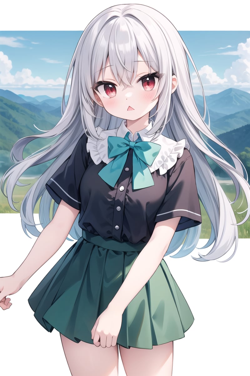 <lora:hotarumouth_type6_v100:1>insanely detailed, absurdres, ultra-highres, ultra-detailed, best quality,1girl, solo, nice hands, perfect handsBREAKsummer school uniform, (plain dark green skirt with many pleats:1.4), (striped green bowtie:1.3), short sleeves, white shirt, shirt with white button, shirt_tucked_in    BREAK    (breast pocket, vest, blazor, long sleeves, checked skirt, striped skirt, striped shirt, striped sleeves, bra visible through clothes, skirt with frill:-1)BREAK(nsfw:-1.5)BREAKexpressionless, open mouthBREAK,standing, cowboy shot, looking at viewerBREAKslender, kawaii, perfect symmetrical face, ultra cute girl, ultra cute face, ultra detailed eyes, ultra detailed hair, ultra cute, ultra beautifulBREAK(on hilltop, mountainscape, mountain:1.3), (day:1.3), (evening:-1.5), (night:-1.5), depth of field, ultra detailed background, (very wide, panorama view, sense of depth, magnificent view:1.3)BREAKmedium breastsBREAK(grey hair, red eyes:1.2), wavy hair, hair between eyes