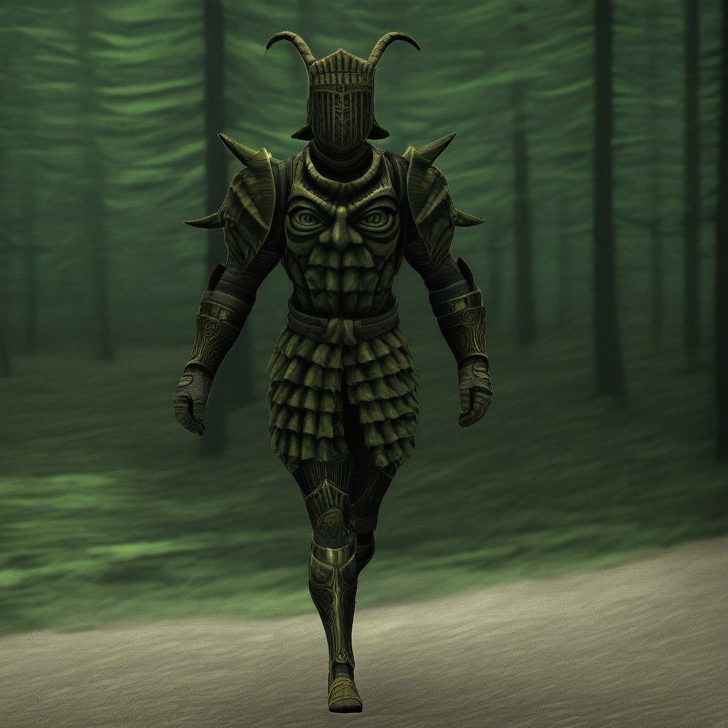 1boy wearing full madness armor and helmet with horns, full body, walking, full body, (forest)