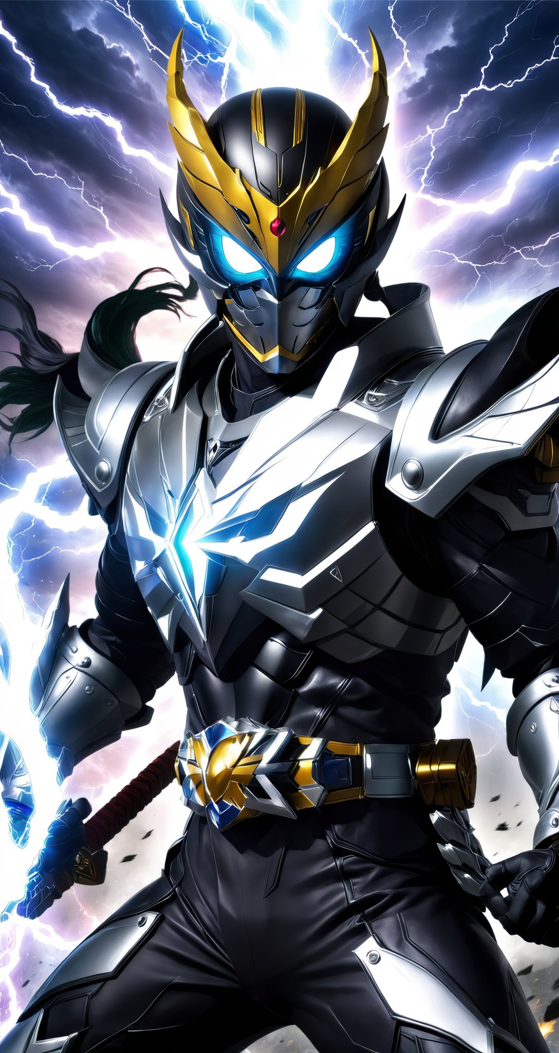 Kamen rider style, a masked warrior of thunder fury, wearing thunder armor and holding a lightning sword, smashes the plot of evil forces with a thunderous force. His eyes are firm and hot, and every battle is full of faith and courage. He is a hero and guardian in the hearts of citizens.