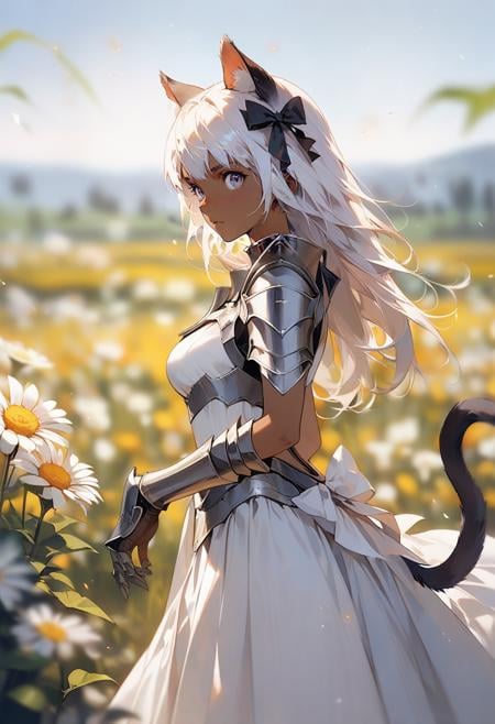 dino_\(dinoartforame\), 1girl, solo, long hair, breasts, looking at viewer, bangs, dress, bow, animal ears, closed mouth, standing, tail, flower, white hair, hair bow, outdoors, sky, day, cat ears, dark skin, white dress, armor, blurry, from side, dark-skinned female, cat tail, black bow, depth of field, blurry background, shoulder armor, gauntlets, field, flower fieldDepth of field