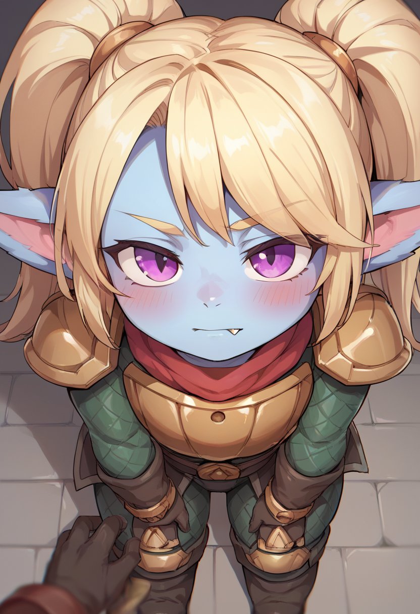 score_9, score_8_up, score_7_up, p0ppy, 1girl, yordle, colored skin, pointy ears, twintails, long hair, blonde hair, purple eyes, fang, red scarf, armor, shoulder armor, gloves, boots, <lora:Poppy_Default_v2:0.7>, blush, from above, looking at viewer, pov