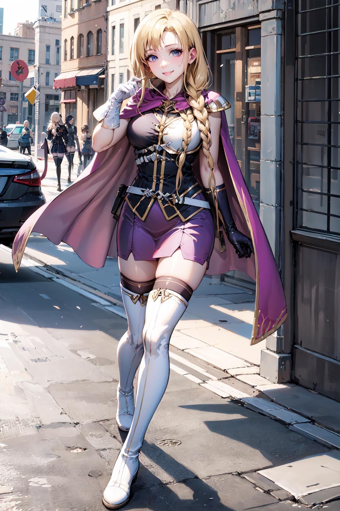 full body,smile, <lora:louiseV1:0.9>,def_louise,blonde hair,  zettai ryouiki, gloves, thighhighs,  boots, cape, thigh boots, elbow gloves,white footwear, shoulder armor,belt, skirt, asymmetrical gloves, short dress, breastplate, white gloves, dress,outdoors,(masterpiece, best quality, ultra-detailed, best shadow) ,