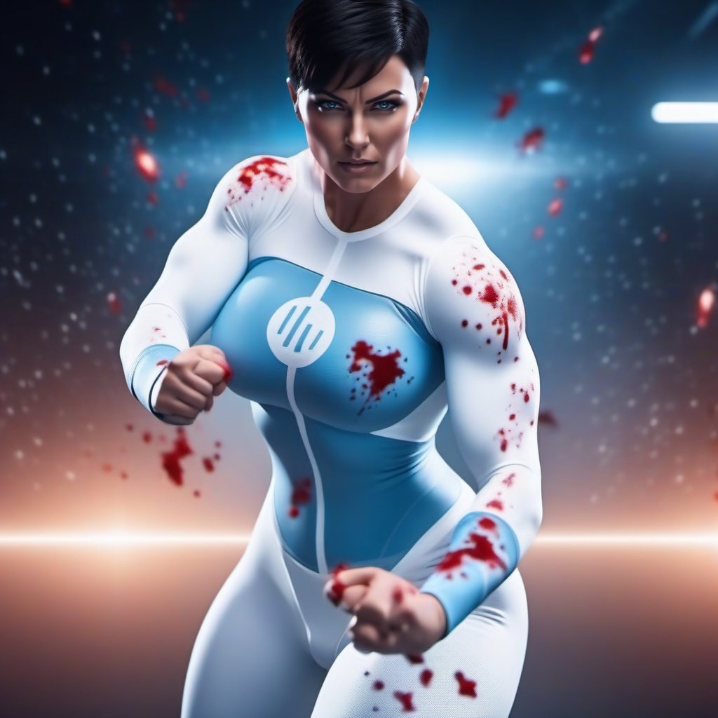 cinematic photo a (((full body))) muscular woman, short dark hair, huge breast, wears a futuristic white and lightblue bodysuit , covered with bloodsplashes, fighting pose, space background <lora:Anissa1024:0.8> . 35mm photograph, film, bokeh, professional, 4k, highly detailed