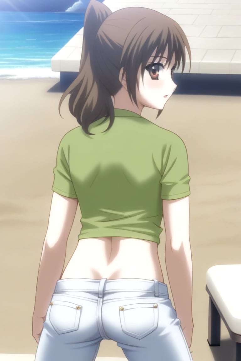 Highly detailed, High Quality, masterpiece, beautiful, source_anime, 1girl, solo, (feminine focus, young woman, 16 years old), Otome Katou, brown hair, brown eyes, medium hair, ponytail, tiny_breasts, green shirt, navel, midriff, jeans, sea lighthouse, stones near the coast, looking_back, back view, ((all-fours, pull_jeans, focus ass))<lora:EMS-453333-EMS:1.000000>