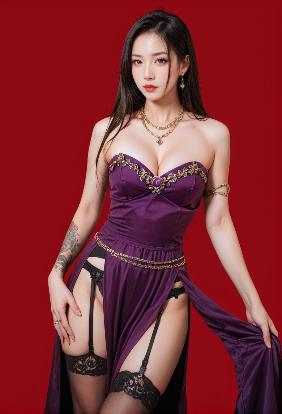 red background,1girl,solo,,ruanyi0761,garter belt,garter straps,gem,gold chain,jewelry,lace-trimmed legwear,purple dress,side slit,cleavage,strapless,arm tattoo,<lora:0761 Gem purple dress_v1_pony:1>, score_9,score_8_up,score_7_up,,8k,1girl,solo,