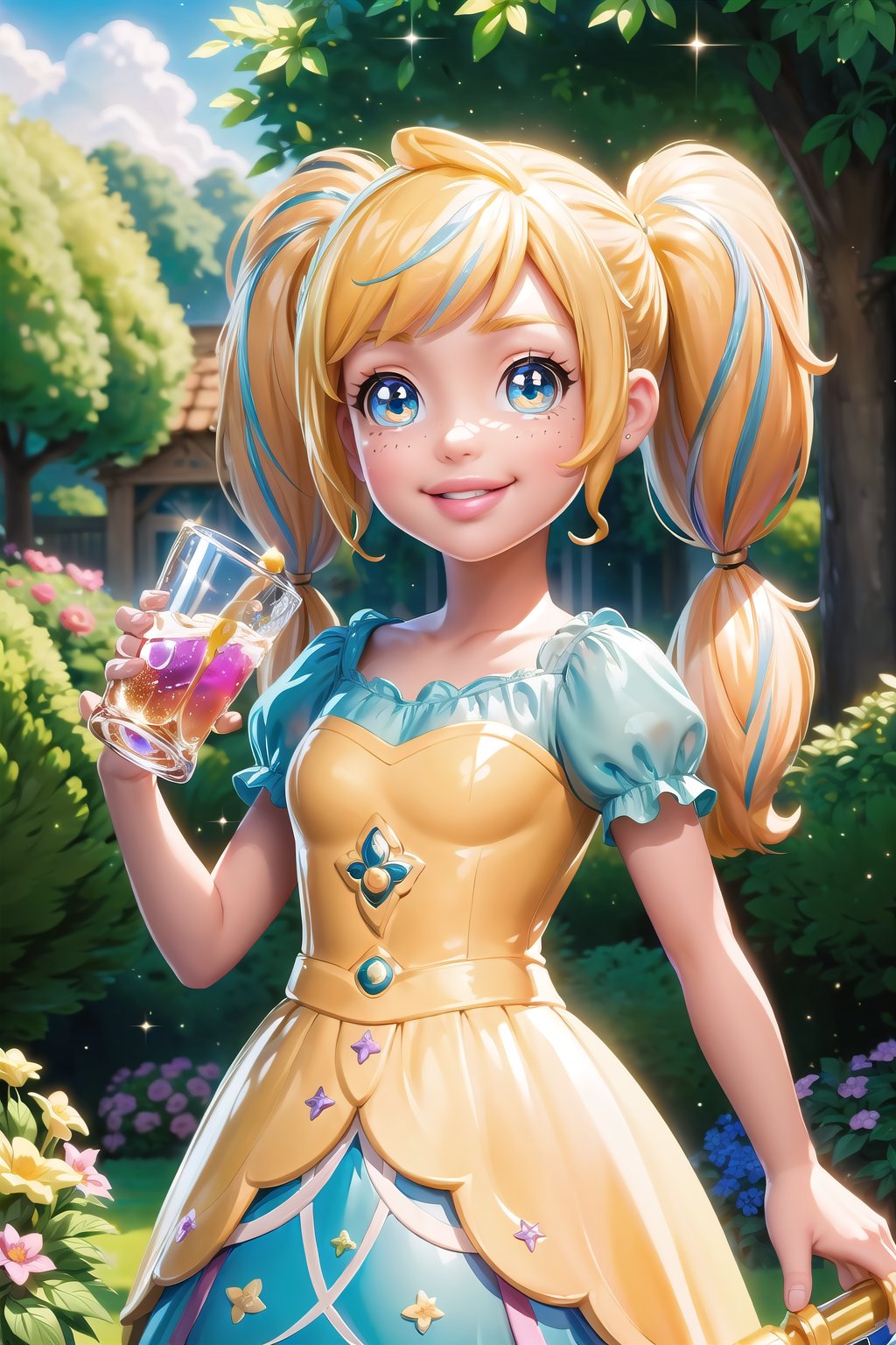 (masterpiece, best quality:1.3), 8k resolution, p0lly, 3d, toy, original, ultra-detailed, cowboy shot, 1girl, minigirl, polly pocket, photoreal, twintails, blonde hair, garden, outdoors, sunlight, looking at viewer, smile, (dynamic), stylish, (shiny:1.1) fashion, drinking, drink, straw, toy, fence, tree, dress, (deep depth of field), cute, miniature, depth, glitter, extremely detailed, flower, intricate details, hyperrealistic, (intricate details), perfect face, finely detailed face, detailed eyes, volumetric, perfect composition,volumetric lighting, soft lighting,traditional media,cara,sweetscape<lora:EMS-32692-EMS:0.200000>, <lora:EMS-363895-EMS:1.200000>, <lora:EMS-179-EMS:0.300000>