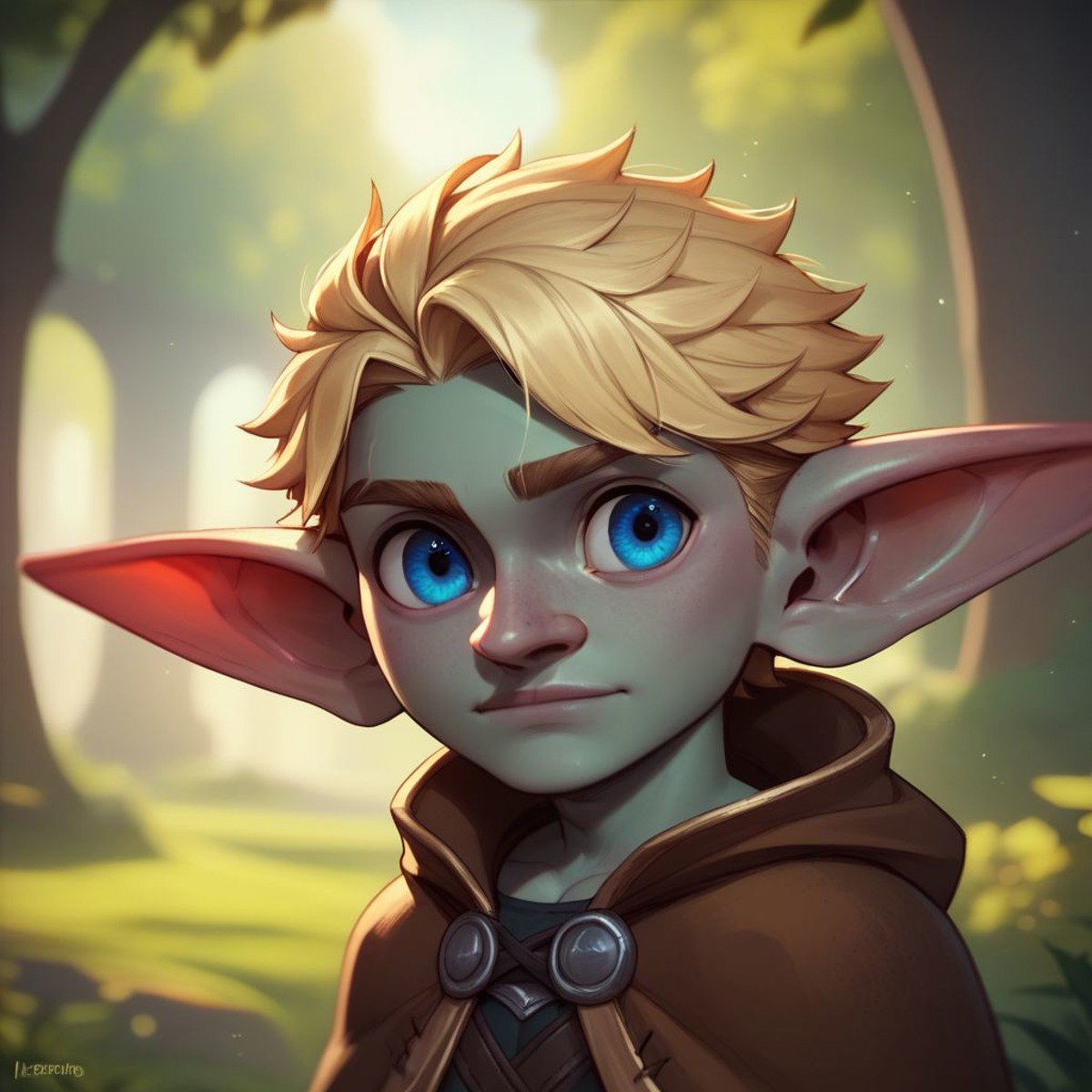 (((beautiful, high quality))), upper body, score_9, score_8_up, score_7_up, solo,looks at the viewer, Goblin, shortstack, short stature, pointed ears, big eyes, 1boy, male focus, blond hair, blue eyes, gray skin, fantasy cape, outdoor, fantasy background, nature, blurred background,