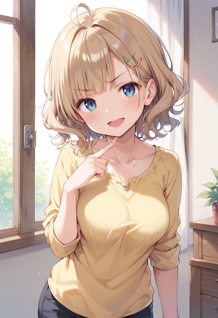 score_9, score_8_up, score_7_up, BREAK1girl, casual, dutch angle, short hair, upper body, light brown hair, brown hair, collarbone, blunt bangs, yellow shirt, wavy hair, holding, medium hair, blue eyes, blush, smile, open mouth, ahoge, hand up, blonde hair, yellow dress, pointing at viewer, eyebrows visible through hair, long sleeves, indoors, looking at viewer, head tilt, :d, solo, lens flare, window, short over long sleeves, layered sleeves, v-shaped eyebrows, black pants, pants under dress, capri pants, pants rolled up, hairclip, large breasts, 