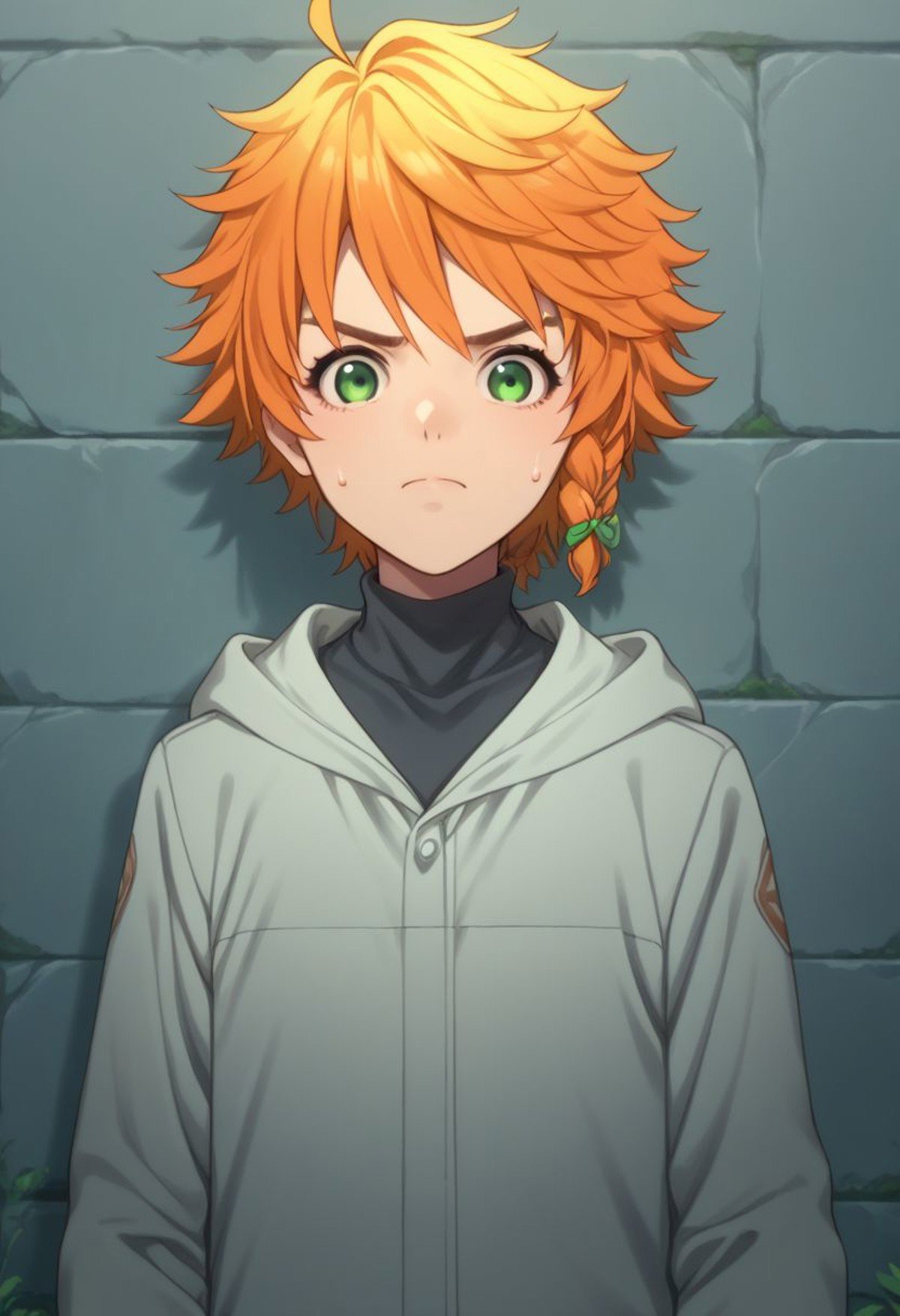 score_9, score_8_up, score_7_up, source_anime, highly detailed, emma, 1girl, green eyes, solo, orange hair, hood, braid, short hair, looking at viewer, sweatdrop, hood down, side braid, upper body, frown,outdoor, wall, 