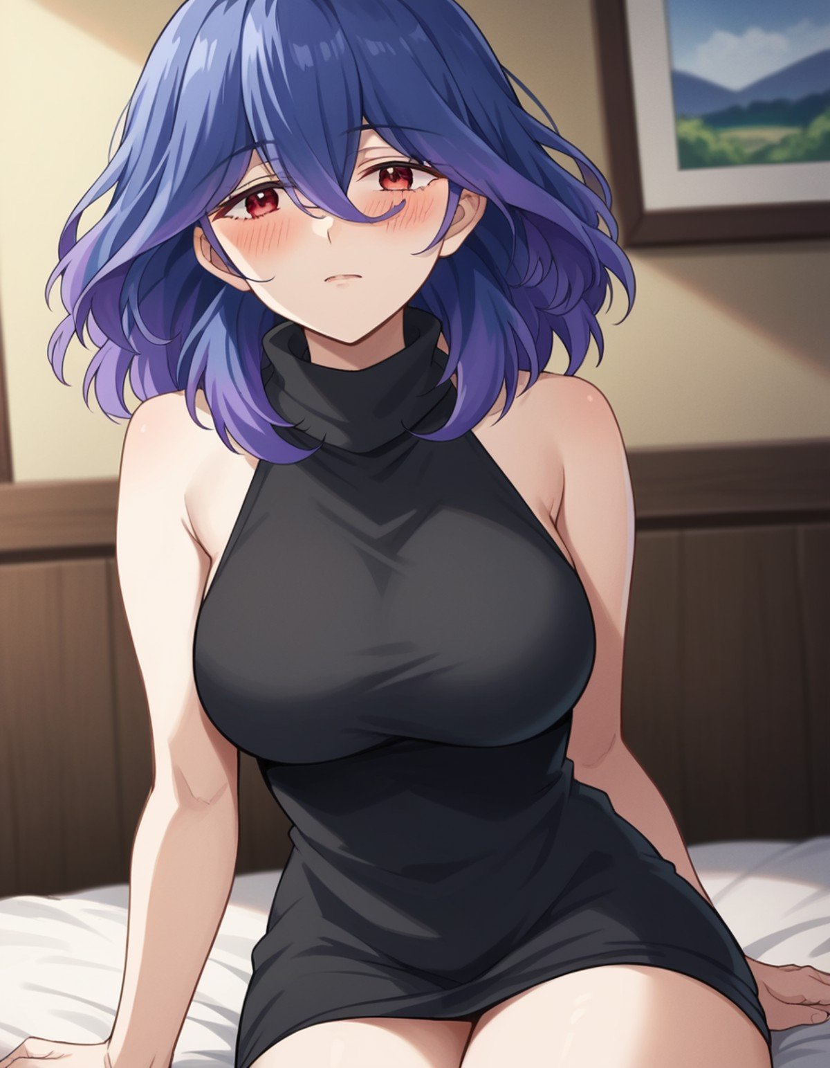 score_9, score_8_up, score_7_up, source_anime,vermeil, <lora:vermeil-s1-ponyxl-lora-nochekaiser:1>,vermeil, red eyes, hair between eyes, blue hair, purple hair, multicolored hair, medium hair,sweater, bare shoulders, sleeveless, turtleneck, black sweater, thighs,indoors, bed, bed room, on side, blush, drunk,looking at viewer, cowboy shot, solo, dutch angle,