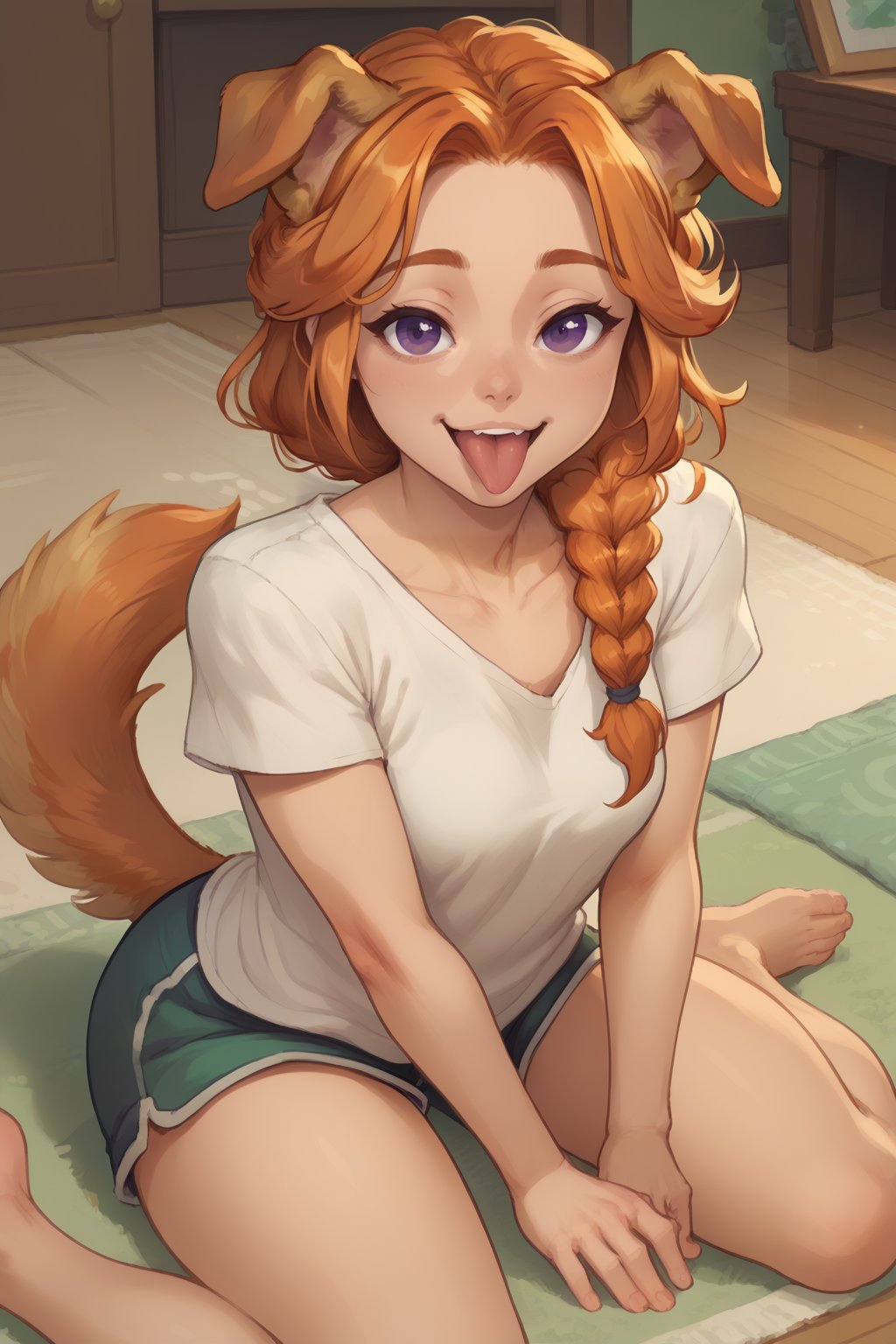 score_9, score_8_up, score_7_up, BREAK 1girl, solo, <lora:NSLeahStardew:1> NSLeahStardew, orange hair, long hair, braid, braid in front, single braid, purple eyes, dog ears, tongue out, tail, wagging tail, happy, shorts, white t-shirt, indoors, sitting on ground, looking at viewer, from above