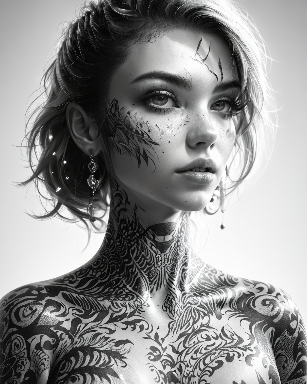 (masterpiece, realistic:1.5), 1girl,solo,breasts,looking at viewer,short hair,simple background,jewelry,collarbone,jacket,monochrome,upper body,greyscale,earrings,parted lips,open clothes,teeth,hair over one eye,lips,eyelashes,tattoo,piercing,portrait,realistic,nose,facial tattoo,neck tattoo<lora:mjportrait_v1:0.7>