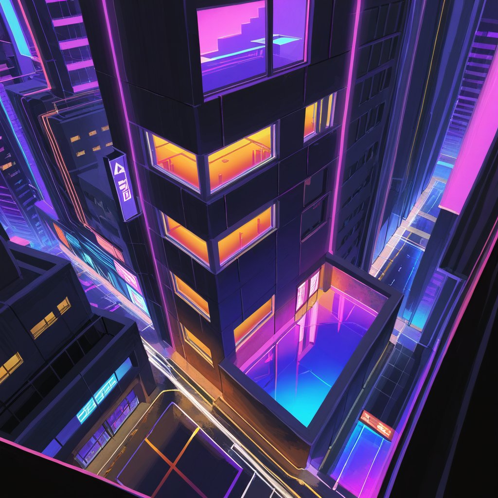 Synthwave, a0b, scenery, outdoors, from above, masterpiece, best quality, <lora:Ayuli2424PDXL32v0.92tx1-000009:0.84>, vectorized, synthwave, purple blue red orange, bright neon colors on a dark background