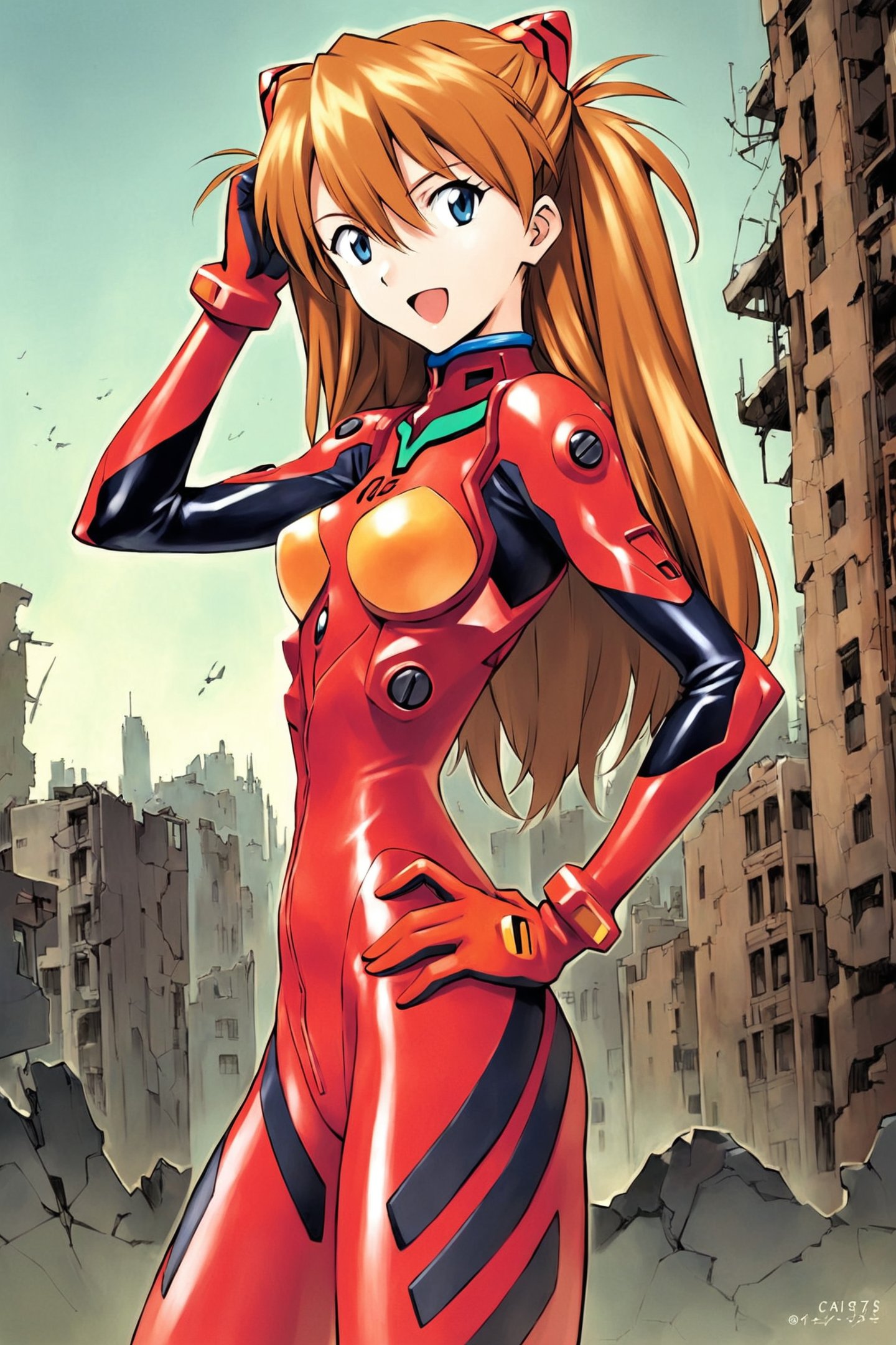 1girl,long hair,plugsuit,bodysuit,souryuu asuka langley,pilot suit,bracer,ruins,city,blue eyes,smile,breasts,bangs,turtleneck,solo,cowboy shot,:d,hair between eyes,gloves,(red bodysuit:1.5),small breasts,looking at viewer,headgear,two side up,hand on hip,skinny,adjusting hair,narrow waist,standing,brown hair,science fiction,hand up,shiny clothes,hair ornament,happy,from side,shiny,skin tight,<lora:Sadamoto Yoshiyuki_XL_kohaku:0.8>,