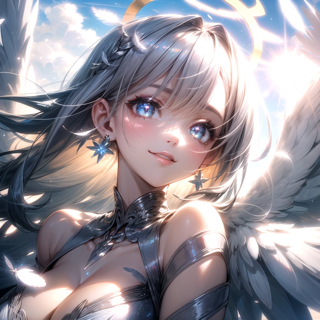 light particles, (glow light:1.2),(1 angel girl:1.2),26yo,cool, adult face,beautiful face, (close up on face:1.1),(medium small breast:1.1),(huge angel wings:1.2),(wild smile:1.2), silver long hair, silver color eyes, detailed eyes, (huge bright halo:1.2),(halo with decorations:1.2),close up on face,cleavage,,(jewelry on hair:1.2), (hair decoration:1.2),(glitter on dress:1.2),(detailed decoration on dress:1.2),(reflection on dress:1.2),(Strong wind blowing), flying in the sky, , (day light:1.2), (heaven on background:1.2), huge sky, a lot of clouds,(sun light:1.2), (lens flare:1.2), (a lot of silver feathers flying:1.2), ,(white doves flying:1.2),