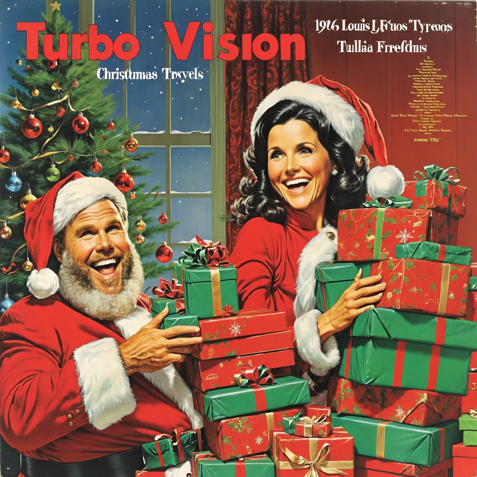 1960's Record Christmas Music Album Cover showing smiling happy Julia Louis-Dreyfus  and Will Ferrell as Santa Delivering Presents, (under the title text with festive red font, "TURBOVISION!":1.3) by norman rockwell, old, antique, scratches and tears and patina