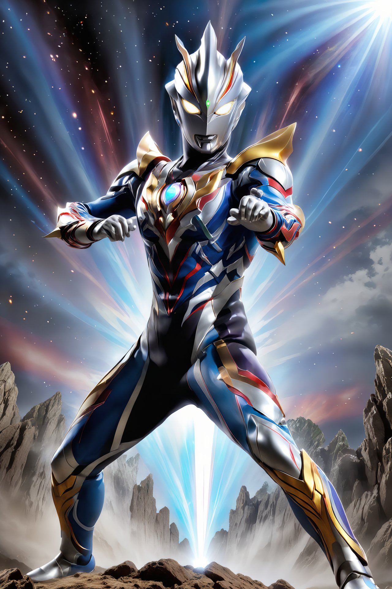 Ultraman, Cosmic Guardian, Light Bringer, Silver Stature, Bright Eyes, Superpowers, Light Beam Attack, Transforming Warrior, Evil Forces, Combative Challenges, Righteous Conviction, Unyielding Spirit.