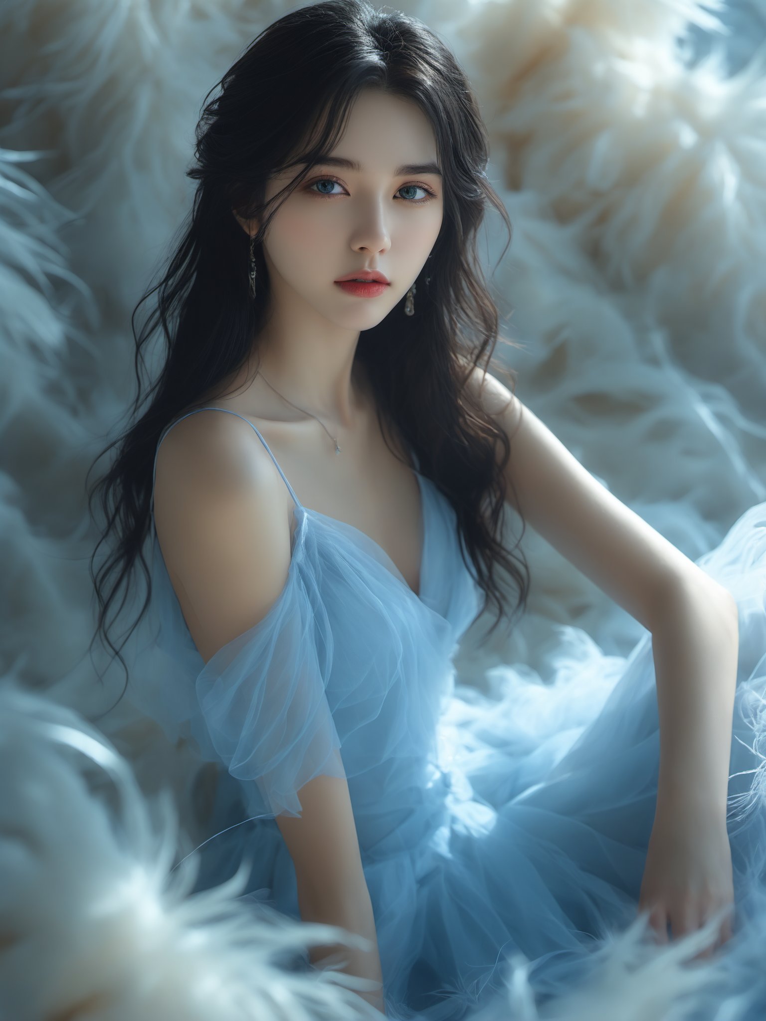 anan, 1girl, solo, black hair, looking at viewer, realistic, parted lips, blue eyes, dress, long hair, blurry