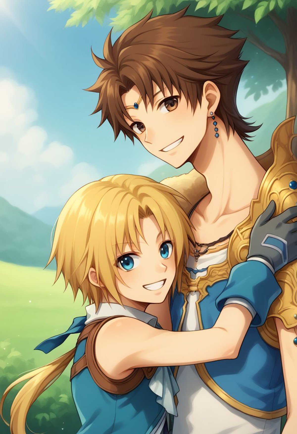 score_9, score_8_up, source_anime, highly detailed, 2boys, skinny,bartz, brown hair, short hair, 1boy, male focus, jewelry, earrings, boots, brown eyes, smile, BREAKzidane, 1boy, blonde hair, long hair, monkey tail, low ponytail, bangs,  parted bangs, gloves, blue eyes, upper body, smile, outdoor, hug, grin,