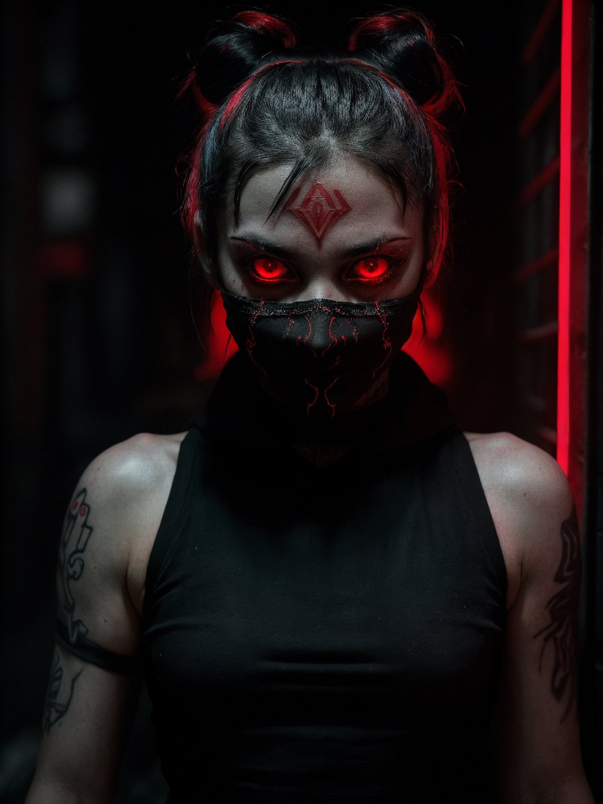 raw photo, morbid cyberpunk, (red theme:1.1), (hdr, dark shot, low key:1.33), (red neon glow:1.2), a cyber ninja, (glowing red eyes:1.11), (ninja mask:1.1), tattoo, crazy rage, dark alley background, vibrant colors, trending on 500px, film grain, space buns <lora:picxer_bside:1.5>, (intricate details:0.9), (hdr, hyperdetailed:1.2)