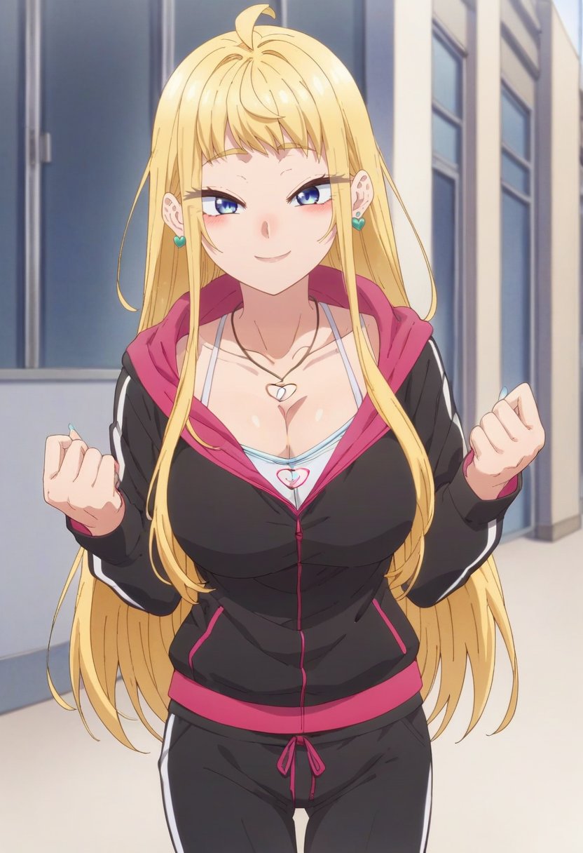 <lora:Fuyuki Minami:1> minami fuyuki,  long_hair, blue_eyes, bangs, blonde_hair, ahoge, 1 girl, solo, blush, large_breasts,smile    , cleavage, jewelry, collarbone, jacket, earrings, track_pants, heart_necklace, hood, black_jacket, hoodie, black_pants, score_9, score_8_up, score_7_up, score_6_up, score_5_up, score_4_up ,BREAK source_anime, anime