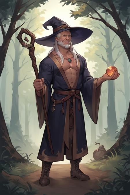 score_9, score_8_up, score_7_up, score_6_up, score_5_up, score_4_up, rating_safe, wizard, old, 1boy, old man, male focus, hat, beard, solo, staff, witch hat, facial hair, forest, nature, robe, long hair, looking at viewer, tree, holding, white hair, outdoors, holding staff, boots <lora:Smooth Style LoRA XL:0.7>