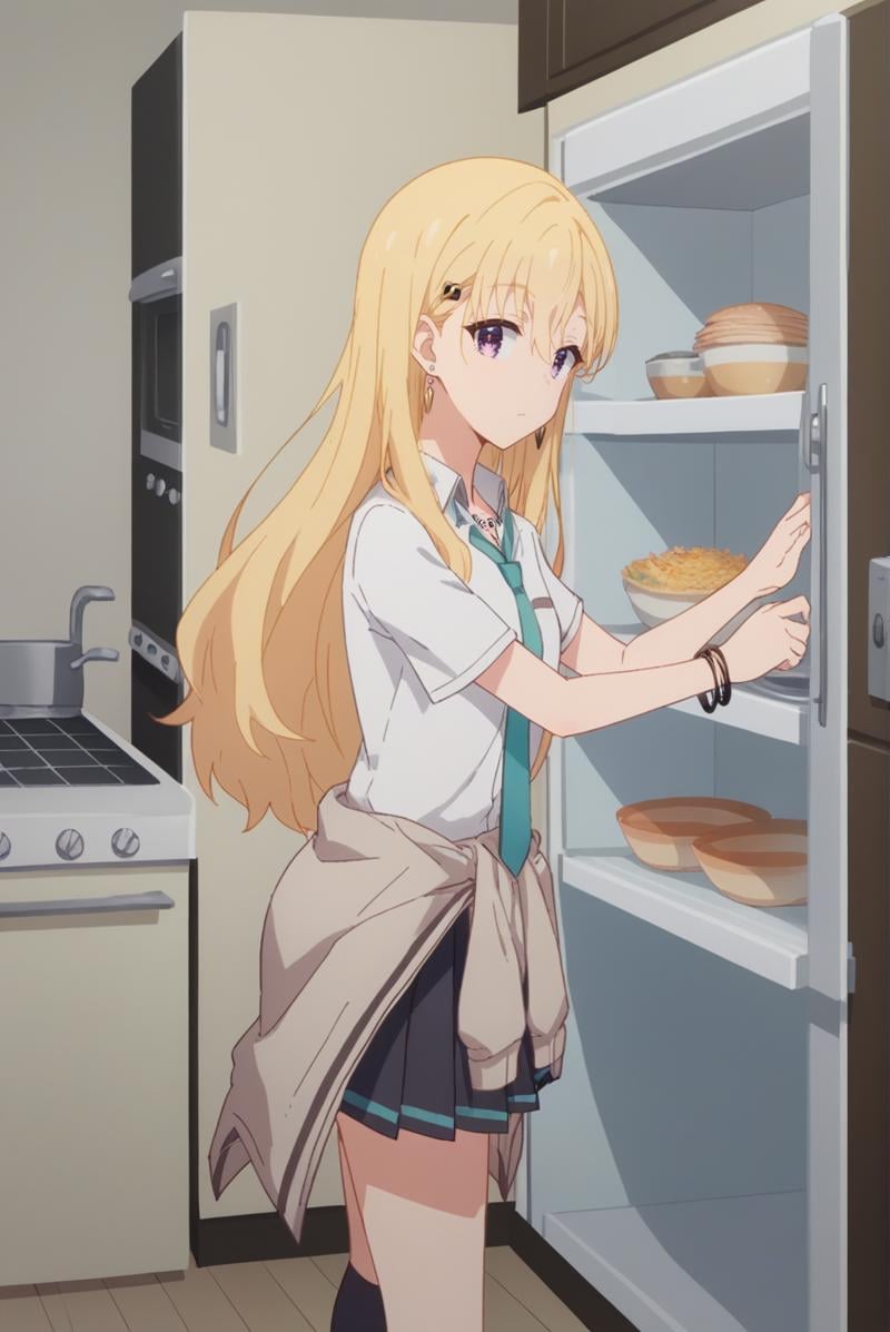 score_9, score_8_up, score_7_up, score_6_up, score_5_up, score_4_up, BREAK source_anime, 1girl, solo,<lora:AyaseSakiXL-v1-07:0.8>, ChopioAyase, long hair, blonde hair, shiny hair, hair between eyes, purple eyes, highly detailed eyes, hair clip, looking at viewer,earrings, bracelet, necklace, straight hair,outfit_3, white shirt, short sleeves, collared shirt, aqua necktie, pleated skirt, black skirt, cardigan around waist, black socks, kneehighs,kitchen, open refrigerator, from side,