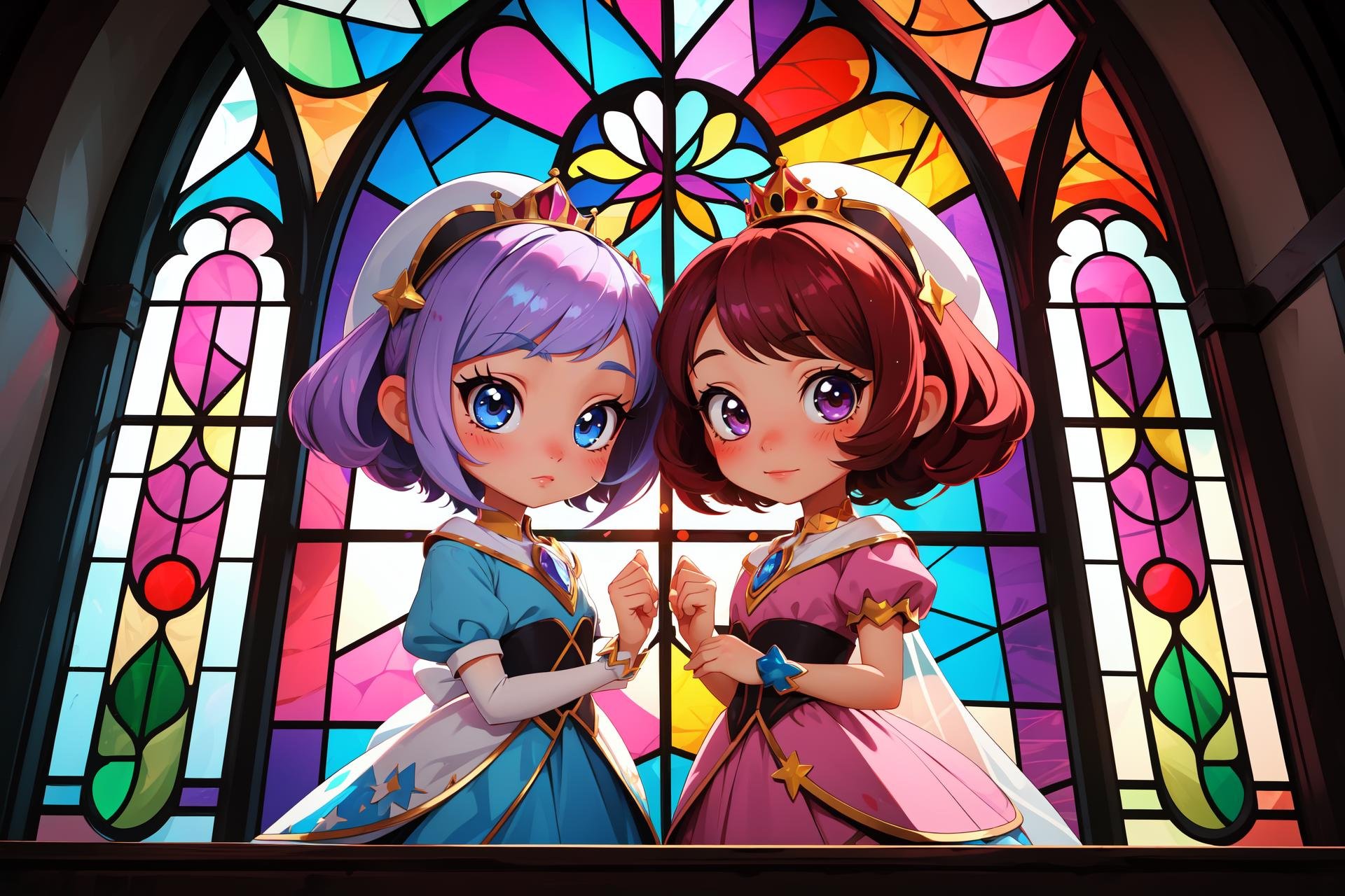 high quality, masterpiece, 2 girls, chibi, princesses, stained glass,