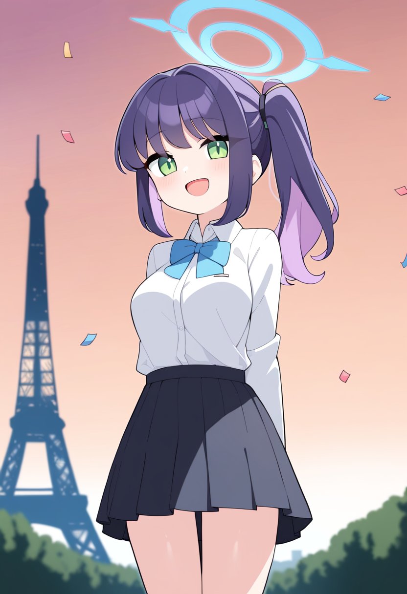 1girl, blue archive, solo, shortstack,long hair, wavy hair, purple hair, streaked hair, green eyes, side ponytail, medium breasts, white shirt, collared shirt, bowtie, smile, open mouth, halo, skirt, arms behind back, long sleeves, confetti, eiffel tower, blue sky, anime coloring,masterpiece, best quality, very aesthetic, absurdres,