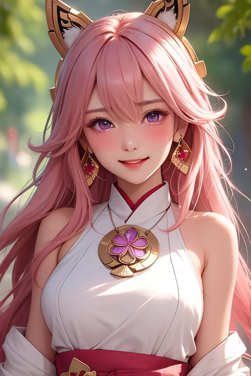 ba shen zi, 1girl, solo, pink hair, purple eyes, blush, animal ears, long hair, bare shoulders, hair between eyes, fox ears, jewelry, upper body, tears, bangs, earrings, closed mouth, japanese clothes, sweat,cheerful demeanor,(radiant smile:0.5),bright personality,warm-hearted nature,optimistic outlook,vibrant energy,sun-kissed complexion,joyful laughter,free-spirited,carefree attitude,uplifting presence,playful spirit,(positive vibes:1.2),lively enthusiasm,beaming with happiness,(natural beauty:1.3),infectious laughter,<lora:aki-000002:0.5>,