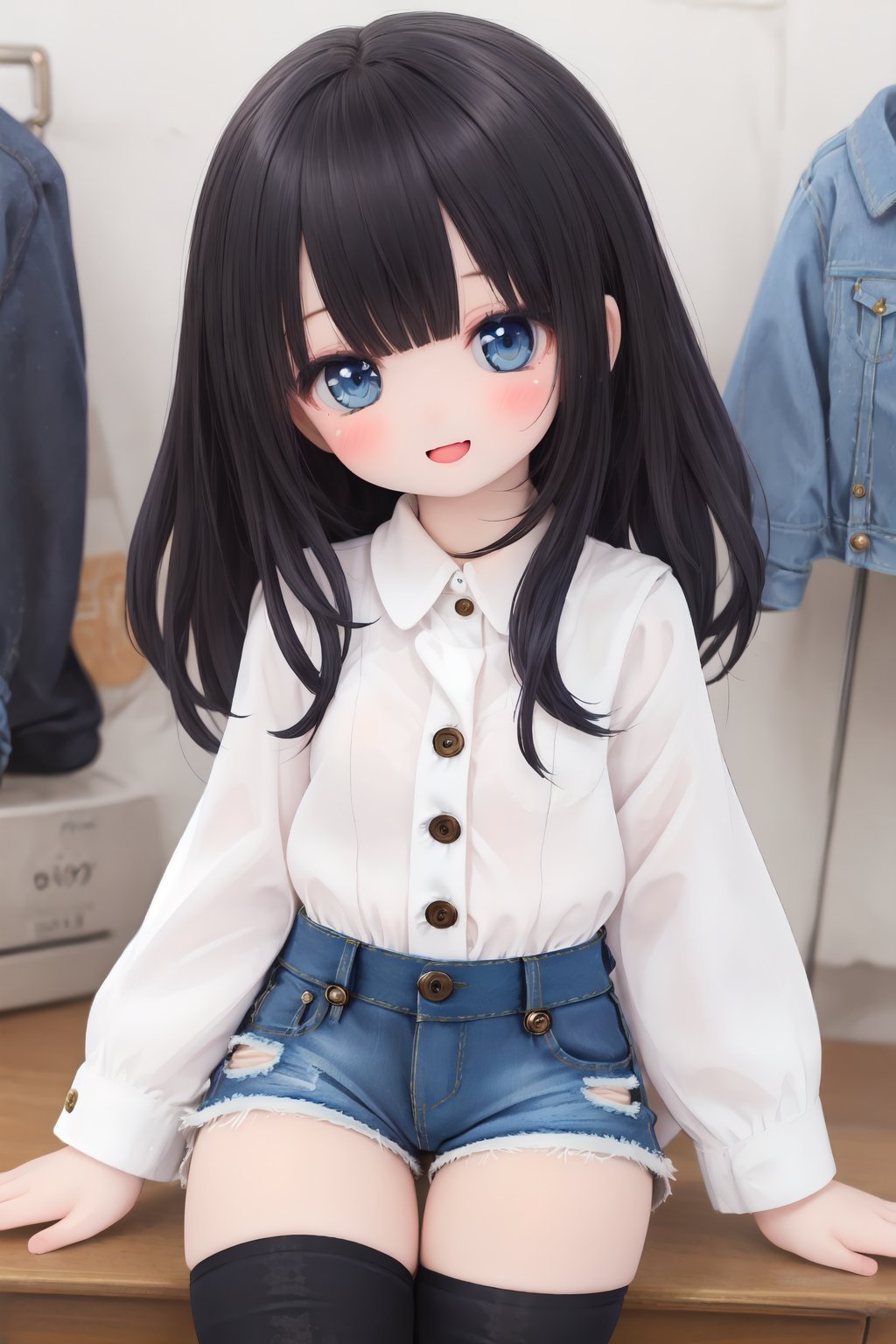 a masterpiece, extremely detailed CG uniform 8k wallpaper,best quality, (looking_at_viewer: 1.4),button up_shirt,curly hair,black hair,lipstick,face painting, (denim_shorts: 1.4),1 girl,solo, smile,long blushing,black stockings, leggings,<lora:doll-v1:0.5>,