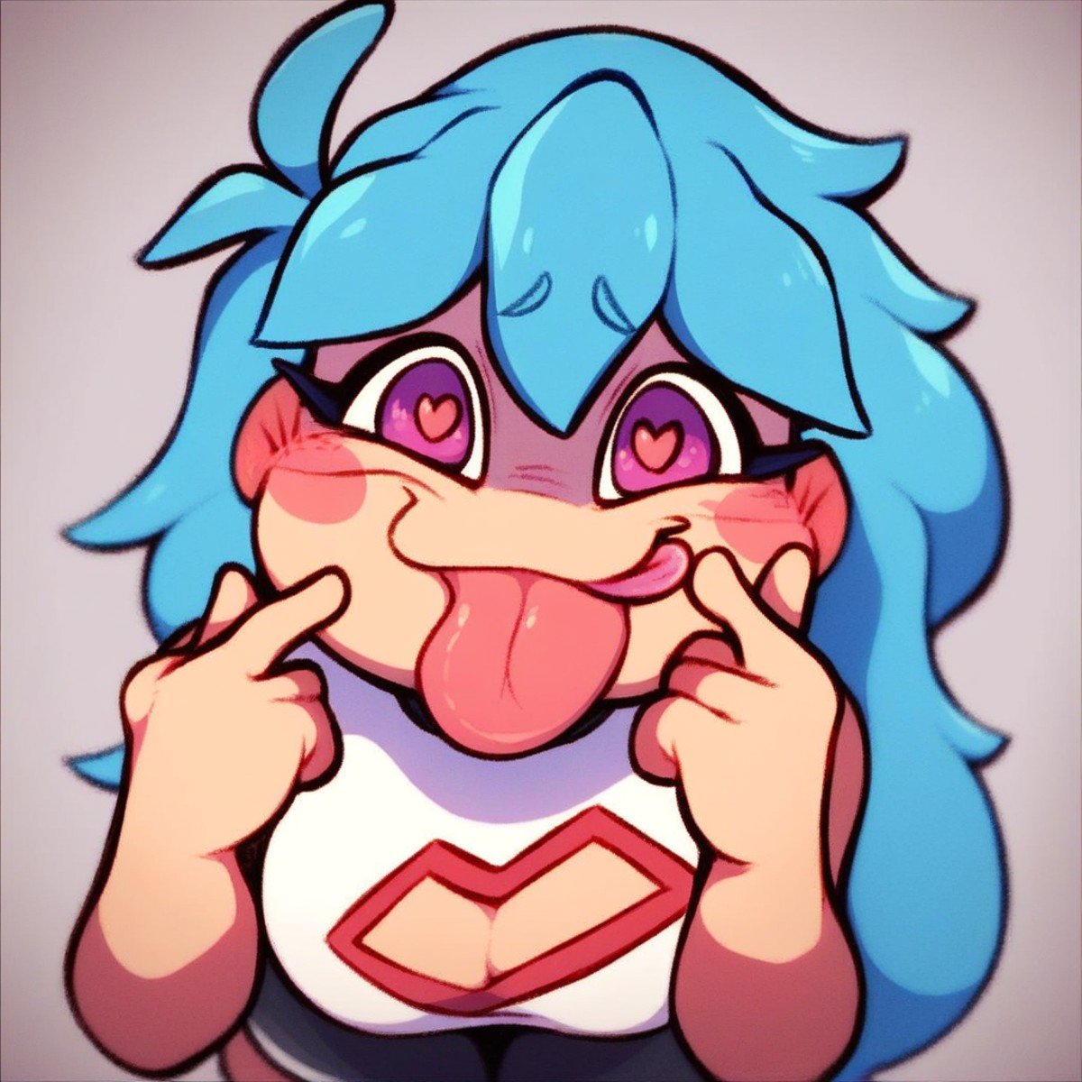 score_9, score_8_up, skyblue. looking at viewer, pointing to herself, tongue hanging out, smiling, blushing