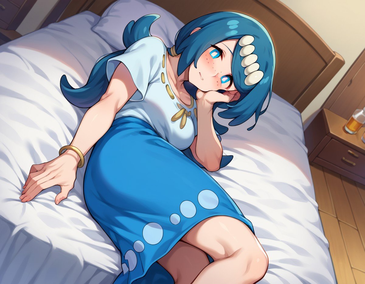 score_9, score_8_up, score_7_up, source_anime,pokemonmotherlana, <lora:pokemon-mother-lana-ponyxl-lora-nochekaiser:1>pokemonmotherlana, blue eyes, blue hair, freckles, hair ornament, long hair, swept bangs, bright pupils,blouse, blue skirt, bracelet, collarbone, dress, jewelry, long skirt, shirt, short sleeves, skirt, white shirt,indoors, bed, bed room, on side, blush, drunk,looking at viewer, cowboy shot, dutch angle,