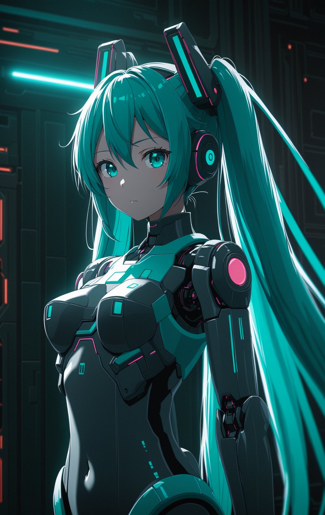 masterpiece, best quality, hatsune miku, (mecha suit:0.8), tight suit, upper body, closed mouth, looking at viewer, arms behind back, highres, 4k, 8k, intricate detail, cinematic lighting, amazing quality, amazing shading, soft lighting, Detailed Illustration, anime style, wallpaper