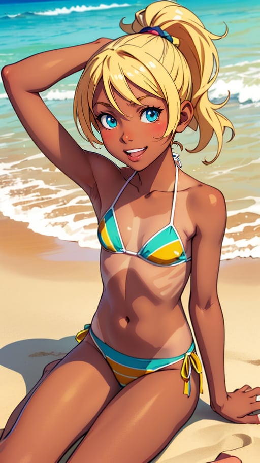 masterpiece, best quality, detailed, flat design, flat 2D anime girl, blond ponytail, beautiful hair, dark skin, tanned, visible tan lines, small bikini, happy, beach background