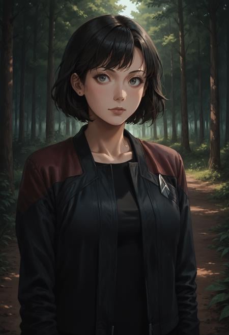 core_9, score_8_up, score_7_up ,score_6_up, 1girl,scenery,black hair,asian,short hair,bangs,forest,pcdjck,Star trek jacket,red shoulders,black shirt,collarbone,<lora:PicardJacketPony>