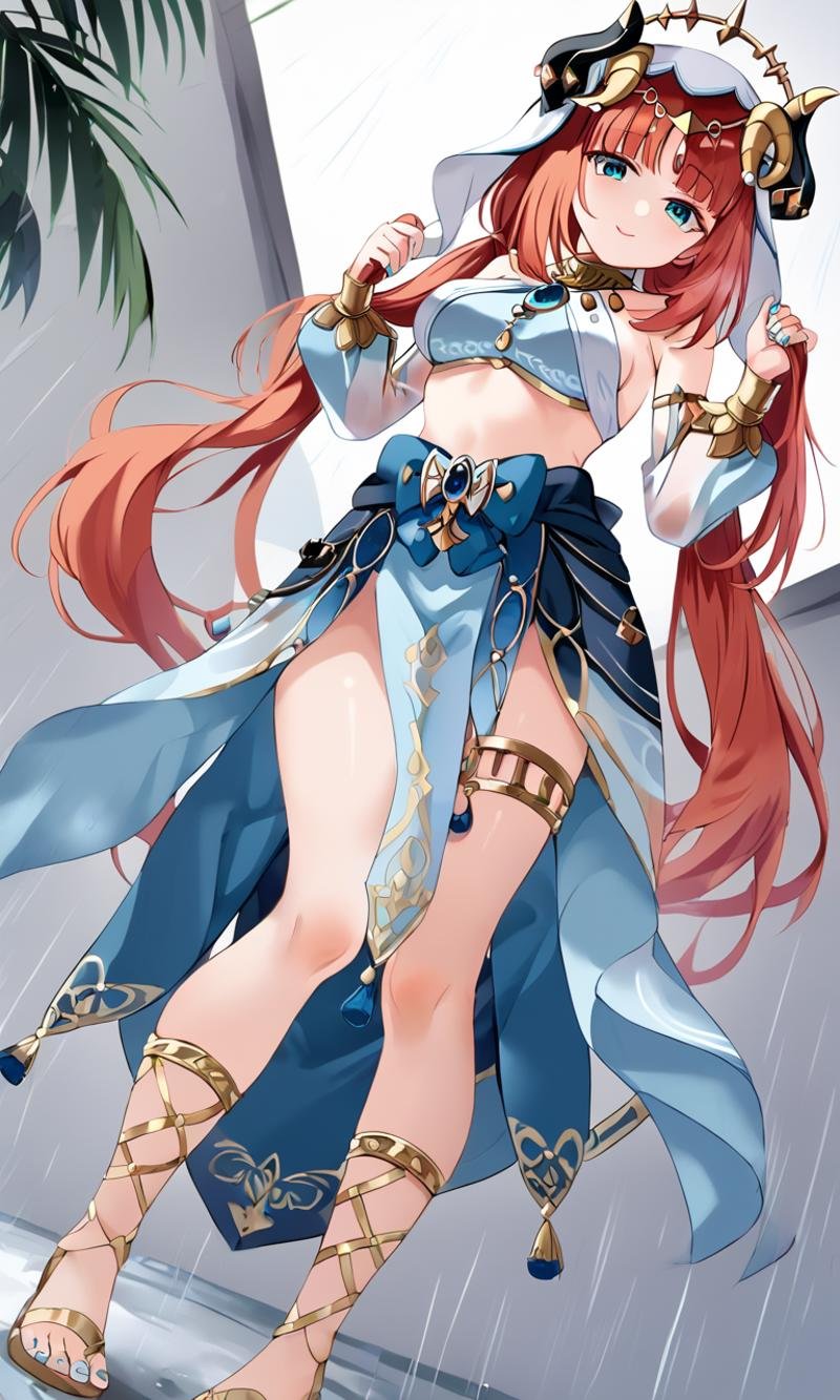 <lora:sdxl-gen-nilou-pony:0.8> gen-nilou, GenshinImpact, 1girl ,aqua eyes, eyeliner, orangered hair, shiny hair, horns, long hair, low twintails, parted bangs, sidelocks, medium breasts, blue nails, circlet, thighlet , neck ring +++ see-through veil, blue gemstone, white headwear, brooch, lightblue harem outfit, puffy long sleeves, bare shoulders, detached sleeves, gold trim, blue skirt, gladiator sandals +++ smirk, tongue, :P, +++ holding hair, from below, looking down, Dutch Angle, Dutch Tilting ullbody, cinematic lighting, Raining in the Wasteland