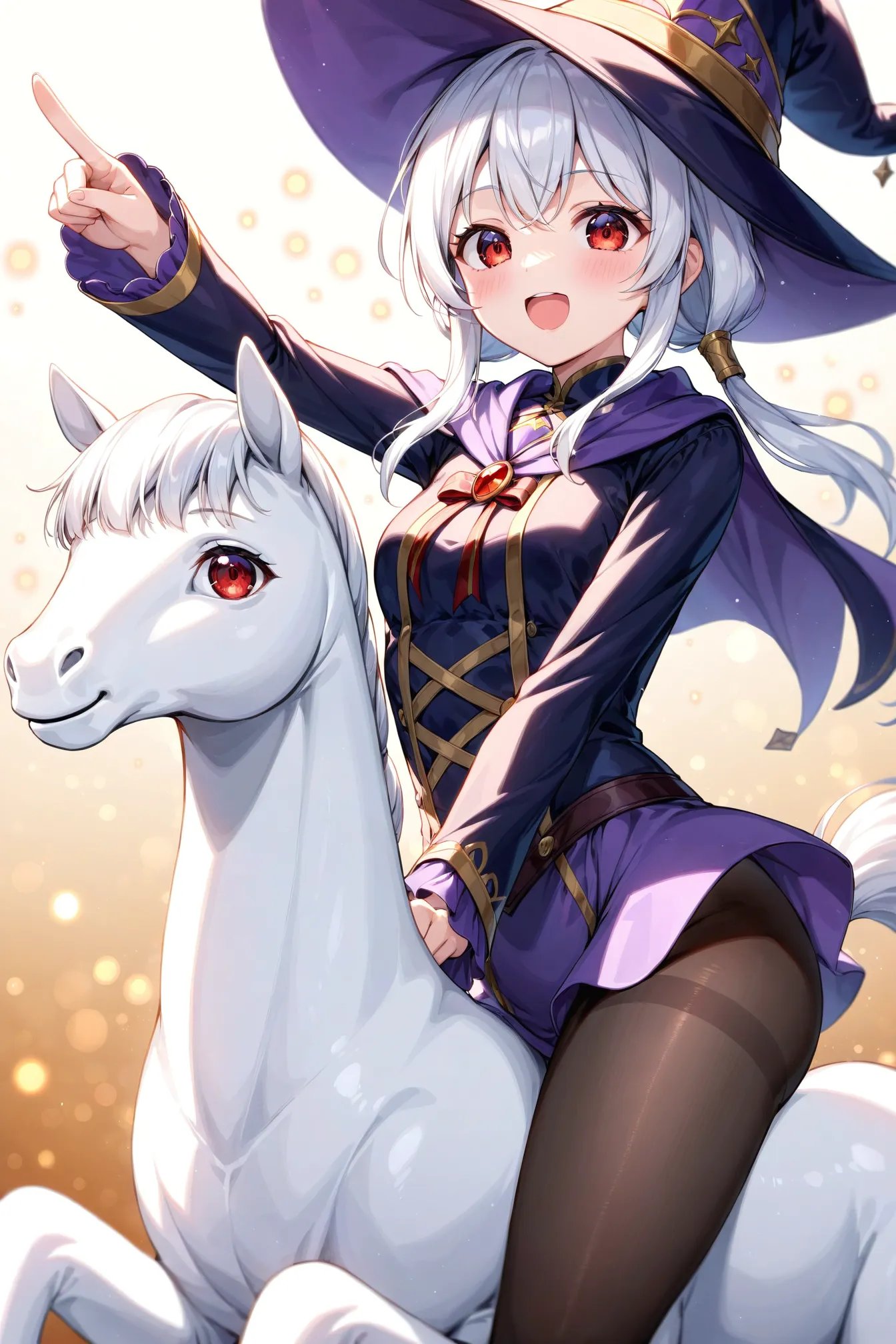 cute, 1girl, close-up, wizard hat, pointing, (riding  mini white horse:1.3), white hair, red eyes, pantyhose, gradient background, Bokeh, depth of field, light particles