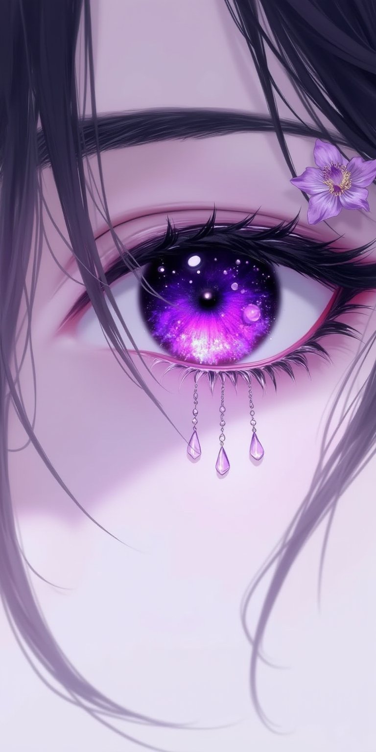 XSHDHa close-up of a woman's eye is visible. The eye is adorned with a purple iradecent substanceadding a pop of color to the otherwise monochromatic scene. The woman's eyebrows are adorned with longdark hairadding depth to the composition. The left eye is encircled by a delicate pink floweradorned with three dangling dangling earrings. The background is a stark whitecreating a stark contrast to the eye and the woman's face <lora:lora.by_tusi (7):1>