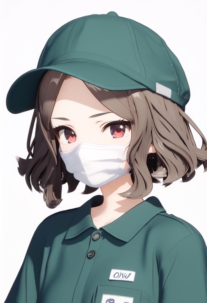 (score_9,score_8_up,score_7_up, ),<lora:GBC_TOMO:1>,GBC_TOMO,1girl,solo,hat,green headwear,short hair,white mouth mask,brown hair,facemask,shirt,employee uniform,green shirt,short sleeves,upper body,red eyes,wavy hair,green beanie,simple_background,white_background,3d,