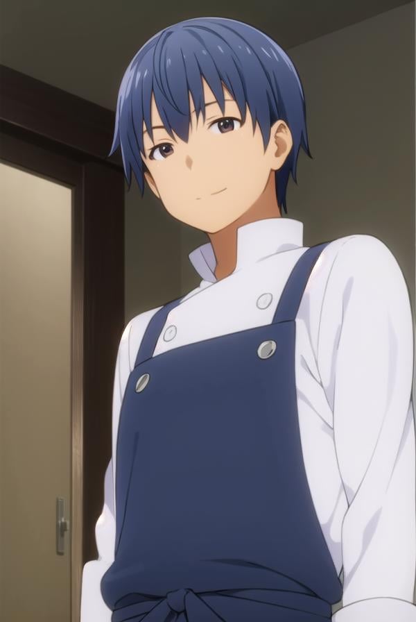 hiroomisouma, <lora:hiroomi souma s2-lora-nochekaiser:1>,hiroomi souma, (brown eyes:1.3), blue hair, male focus, smile,BREAK apron, buttons, waist apron, white pants, chef,BREAK indoors, restaurant,BREAK looking at viewer, (cowboy shot:1.5),BREAK <lyco:GoodHands-beta2:1>, (masterpiece:1.2), best quality, high resolution, unity 8k wallpaper, (illustration:0.8), (beautiful detailed eyes:1.6), extremely detailed face, perfect lighting, extremely detailed CG, (perfect hands, perfect anatomy),