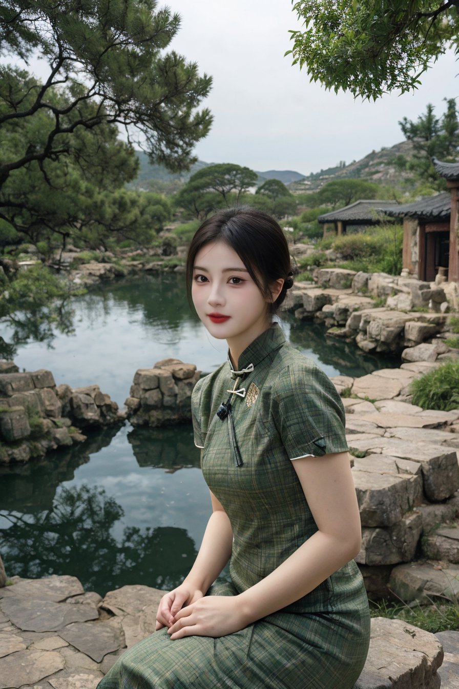 <lora:yuanlin_muggle:0.6>,yuanlin muggle,upper body,looking at viewer,smile,yuanlin muggle,1girl,black hair,sitting,holding,hair bun,chinese clothes,single hair bun,realistic,blurry,dress,lips,short sleeves,rock,blurry background,outdoors,