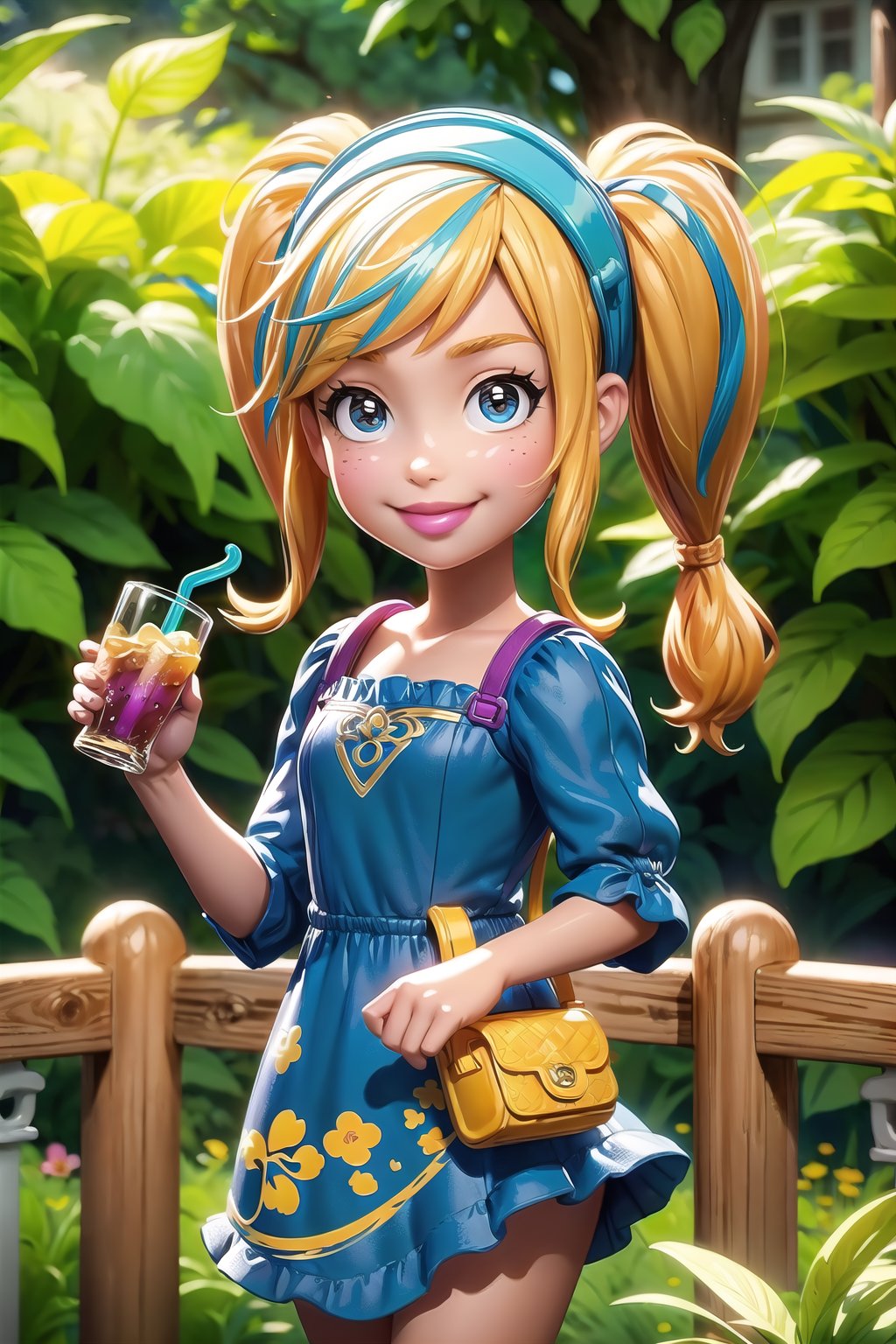 (masterpiece, best quality:1.3), 8k resolution, digital illustration, thick lineart, p0lly, 3d, toy, original, ultra-detailed portrait, cowboy shot, 1girl, minigirl, polly pocket, photoreal, twintails, blonde hair, garden, outdoors, sunlight, looking at viewer, smile, (dynamic), stylish, (shiny:1.1) fashion, drinking, drink, straw, toy, fence, tree, dress, (deep depth of field), cute, miniature, depth, glitter, extremely detailed, hairband, (intricate details), perfect face, finely detailed face, detailed eyes, volumetric, perfect composition,volumetric lighting, soft lighting,traditional media,cara,sweetscape<lora:EMS-179-EMS:0.300000>, <lora:EMS-32692-EMS:0.200000>, <lora:EMS-363895-EMS:1.200000>